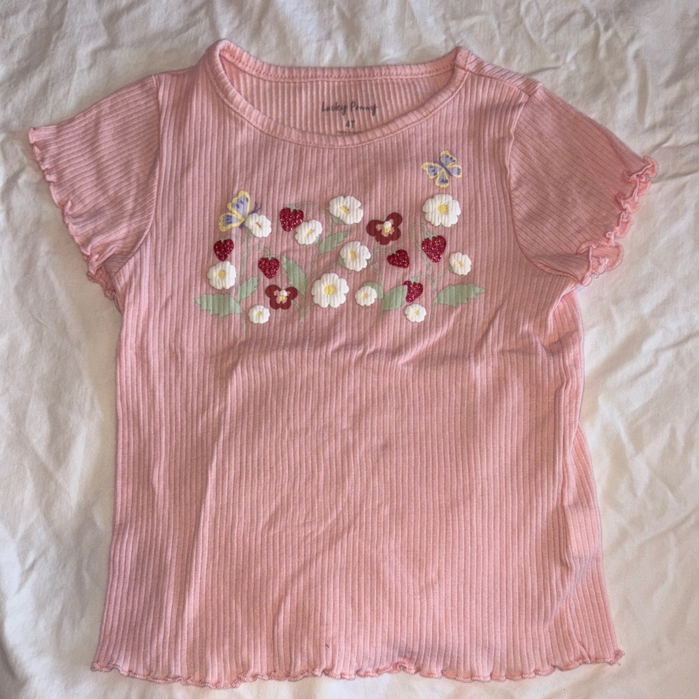 Pink Ribbed Short-Sleeve Tee with Floral Applique - Kids